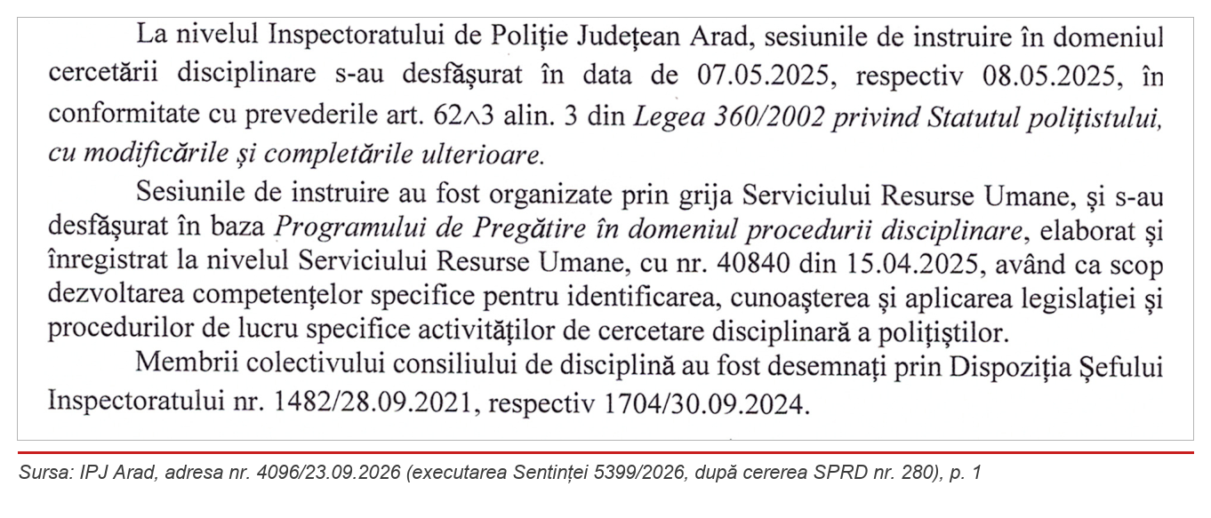 IPJ Arad, adresa nr. 4096/23.09.2026 (executarea Sentinței 5399/2026, după cererea SPRD nr. 280), p. 1
