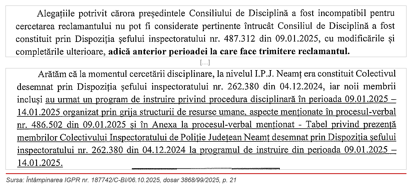 Întâmpinarea IGPR nr. 187742/C-BI/06.10.2025, dosar 3868/99/2025, p. 21