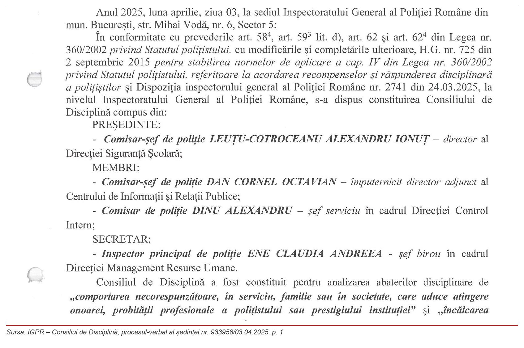IGPR – Consiliul de Disciplină, procesul-verbal al ședinței nr. 933958/03.04.2025, p. 1