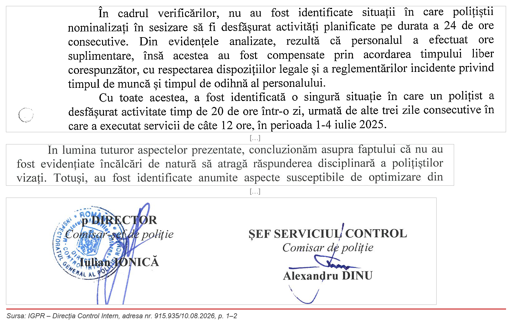 IGPR – Direcția Control Intern, adresa nr. 915.935/10.08.2026, p. 1–2