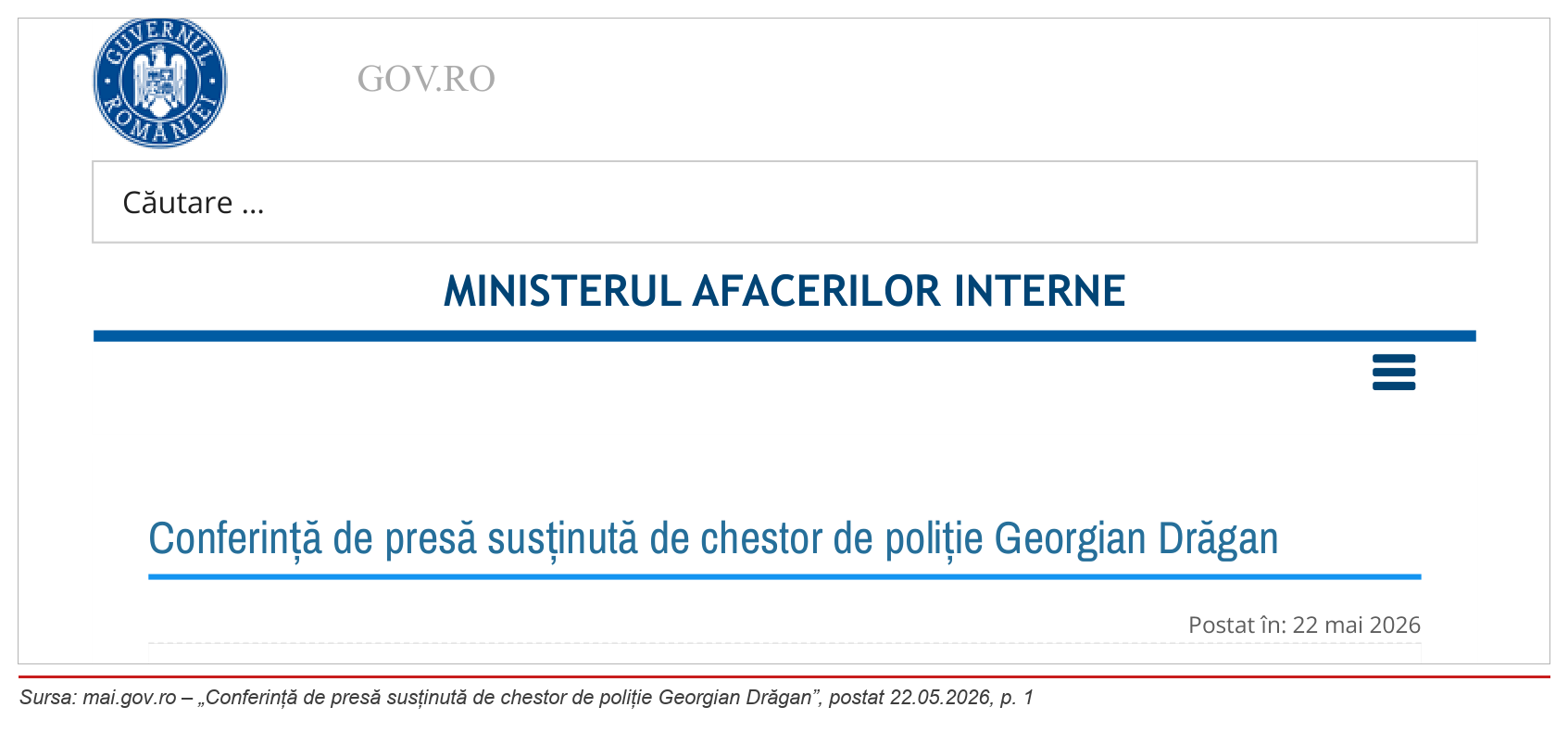 mai.gov.ro – „Conferință de presă susținută de chestor de poliție Georgian Drăgan”, postat 22.05.2026, p. 1