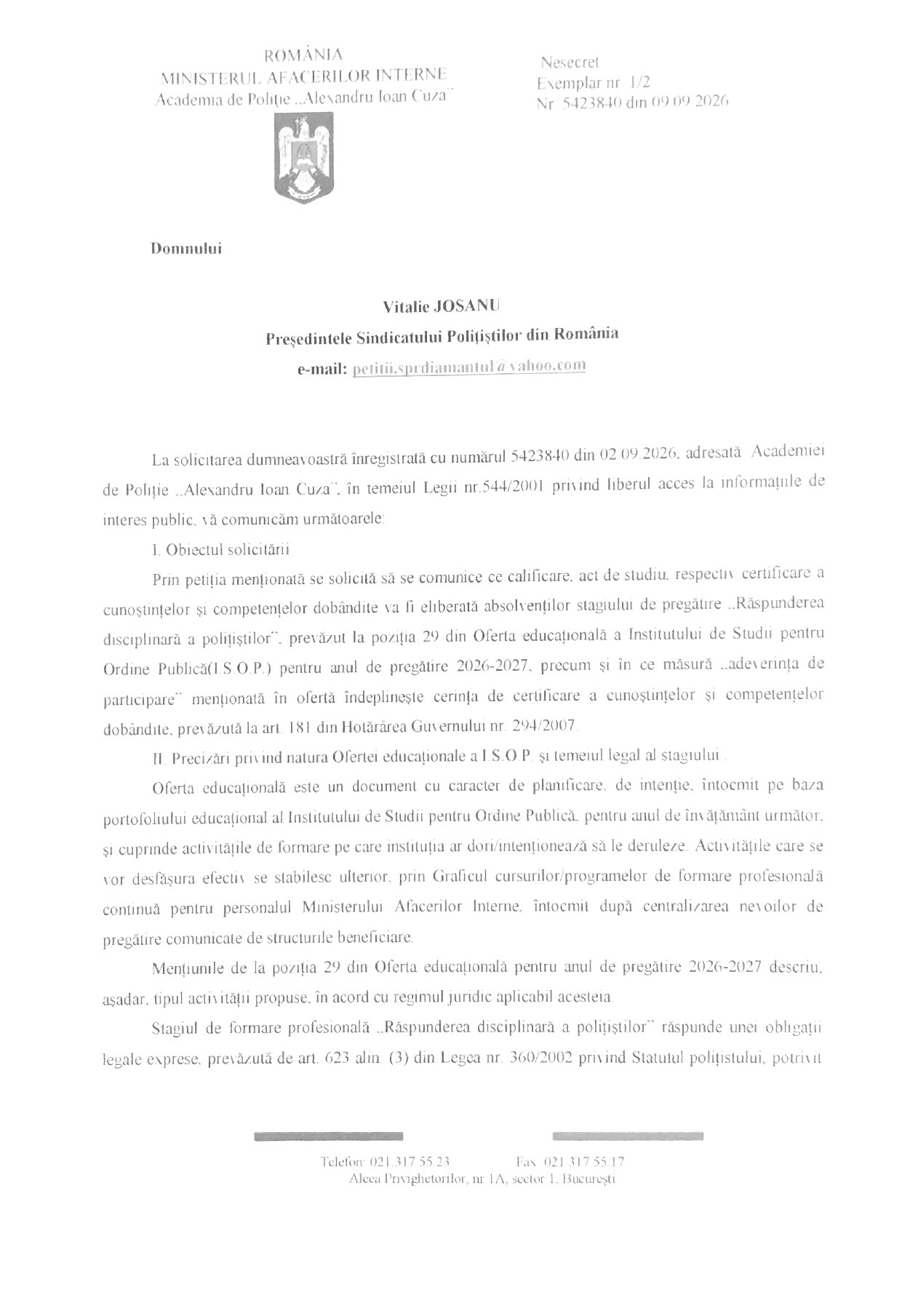 Adresa Academiei de Poliție „Alexandru Ioan Cuza” nr. 5423840 din 9 septembrie 2026, pagina 1 din 4