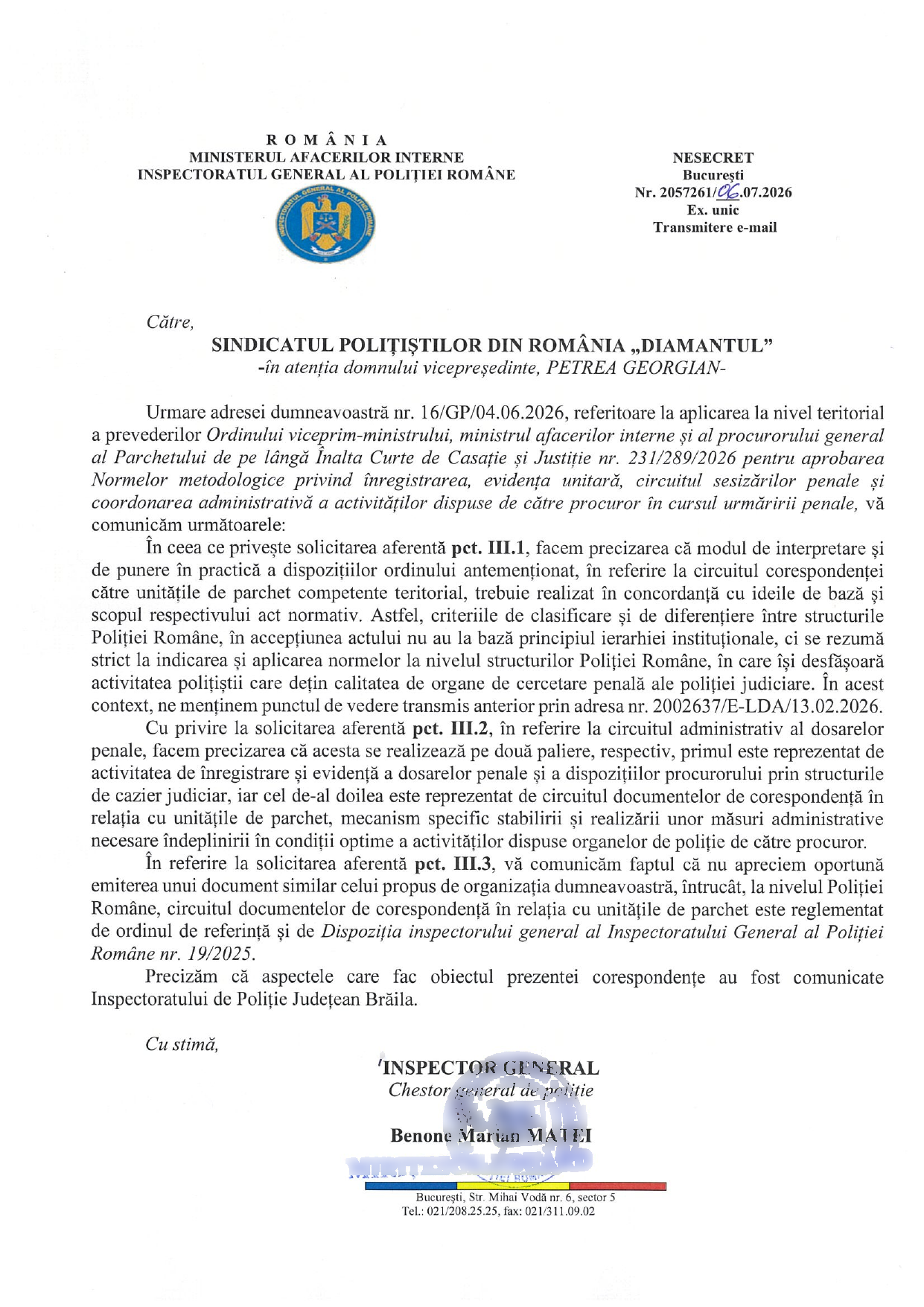 Adresa IGPR nr. 2057261 din 6 iulie 2026 către S.P.R. „Diamantul”, despre circuitul corespondenței cu parchetele în aplicarea Ordinului comun