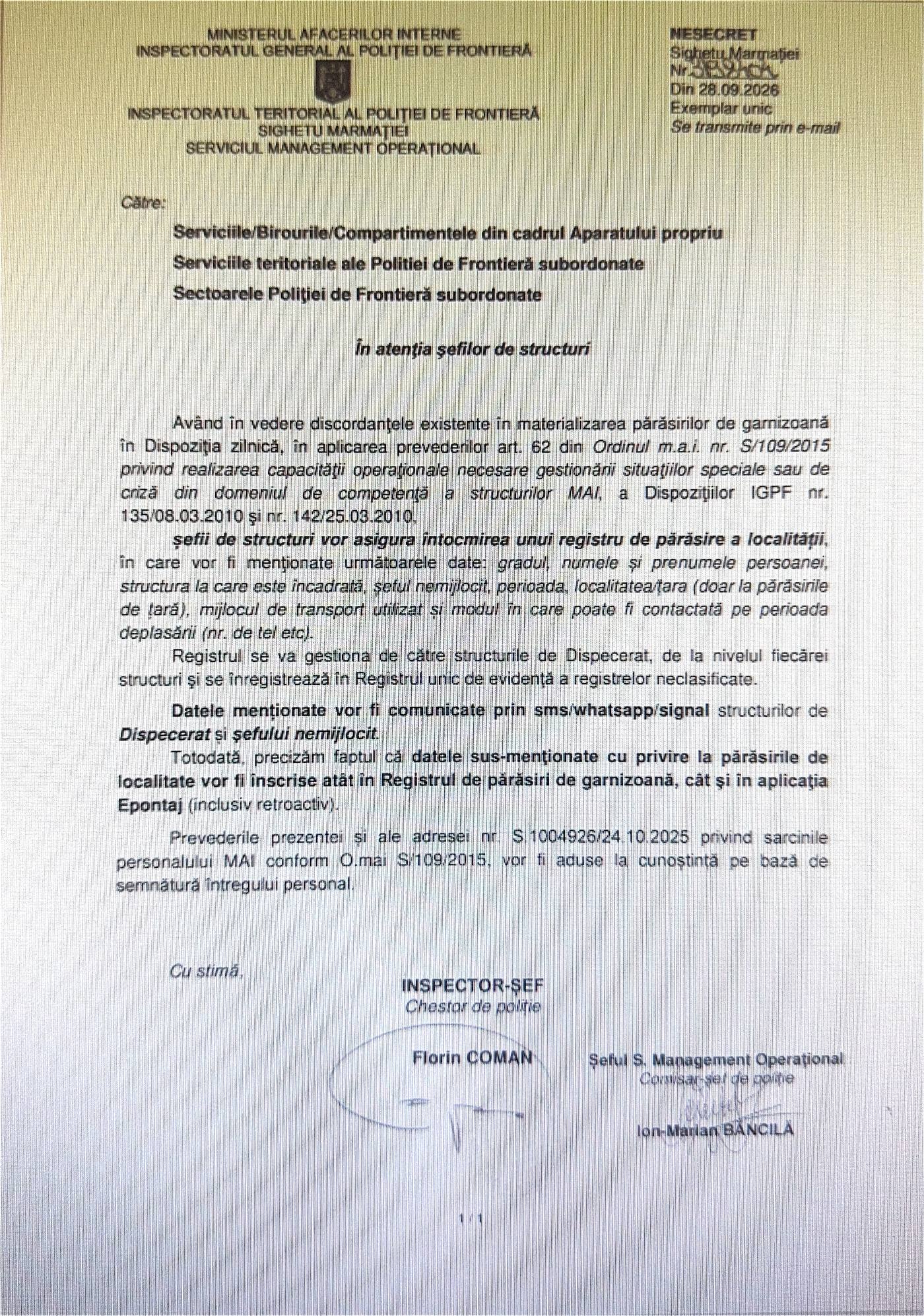 Adresa I.T.P.F. Sighetu Marmației nr. 3198404 din 28.09.2026 privind registrul de părăsire a localității