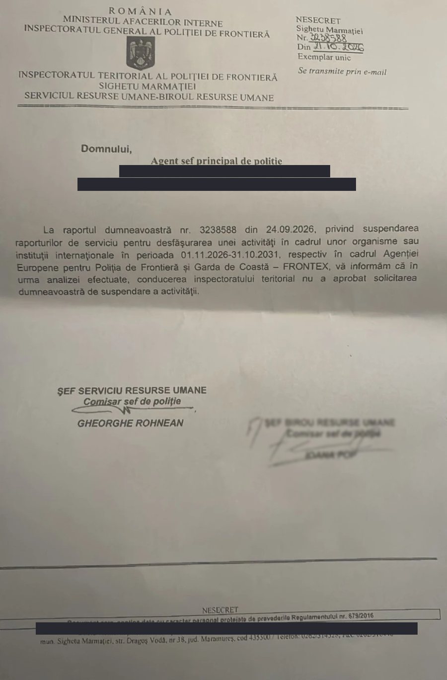 Adresa ITPF Sighetu Marmației nr. 3238588 din 21.10.2026, cu datele de identificare ale polițistului acoperite
