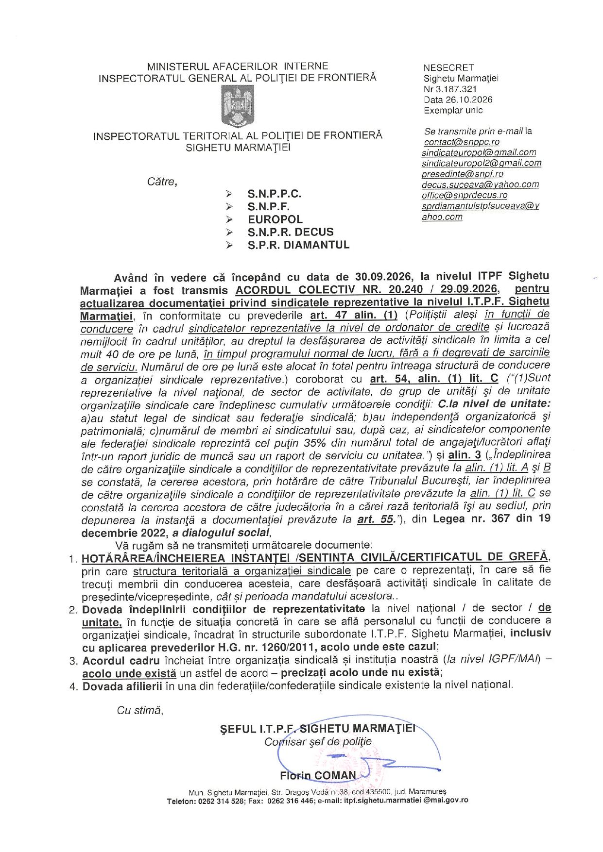Adresa ITPF Sighetu Marmației nr. 3.187.321 din 26.10.2026 către sindicate