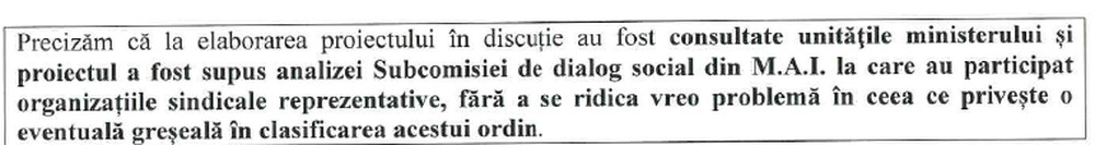 Fragment din adresa MAI-DGF nr. 453069: proiectul a fost analizat de organizațiile sindicale reprezentative, fără a se ridica vreo problemă privind clasificarea