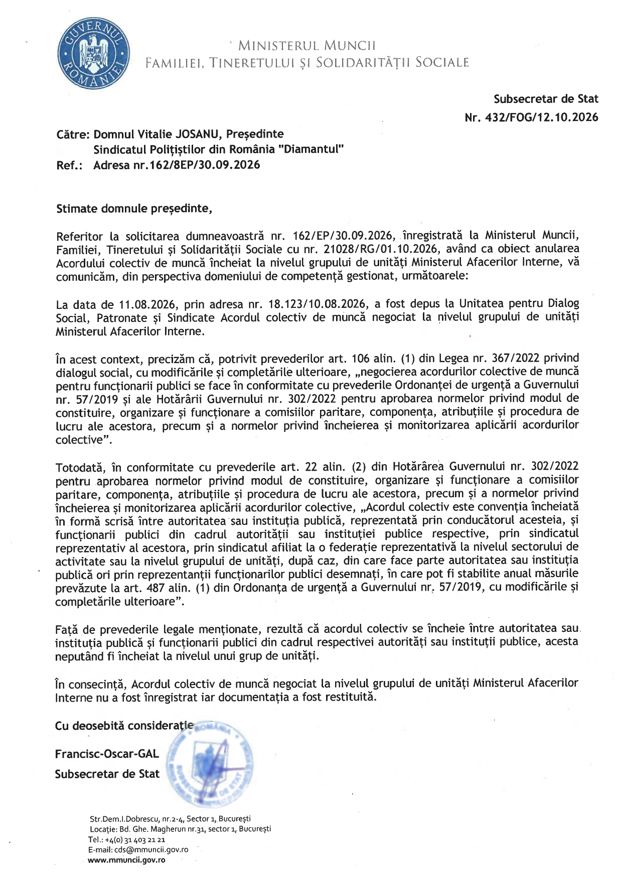 Adresa Ministerului Muncii nr. 432/FOG din 12 octombrie 2026 către S.P.R. „Diamantul”: acordul colectiv al MAI nu a fost înregistrat, iar documentația a fost restituită