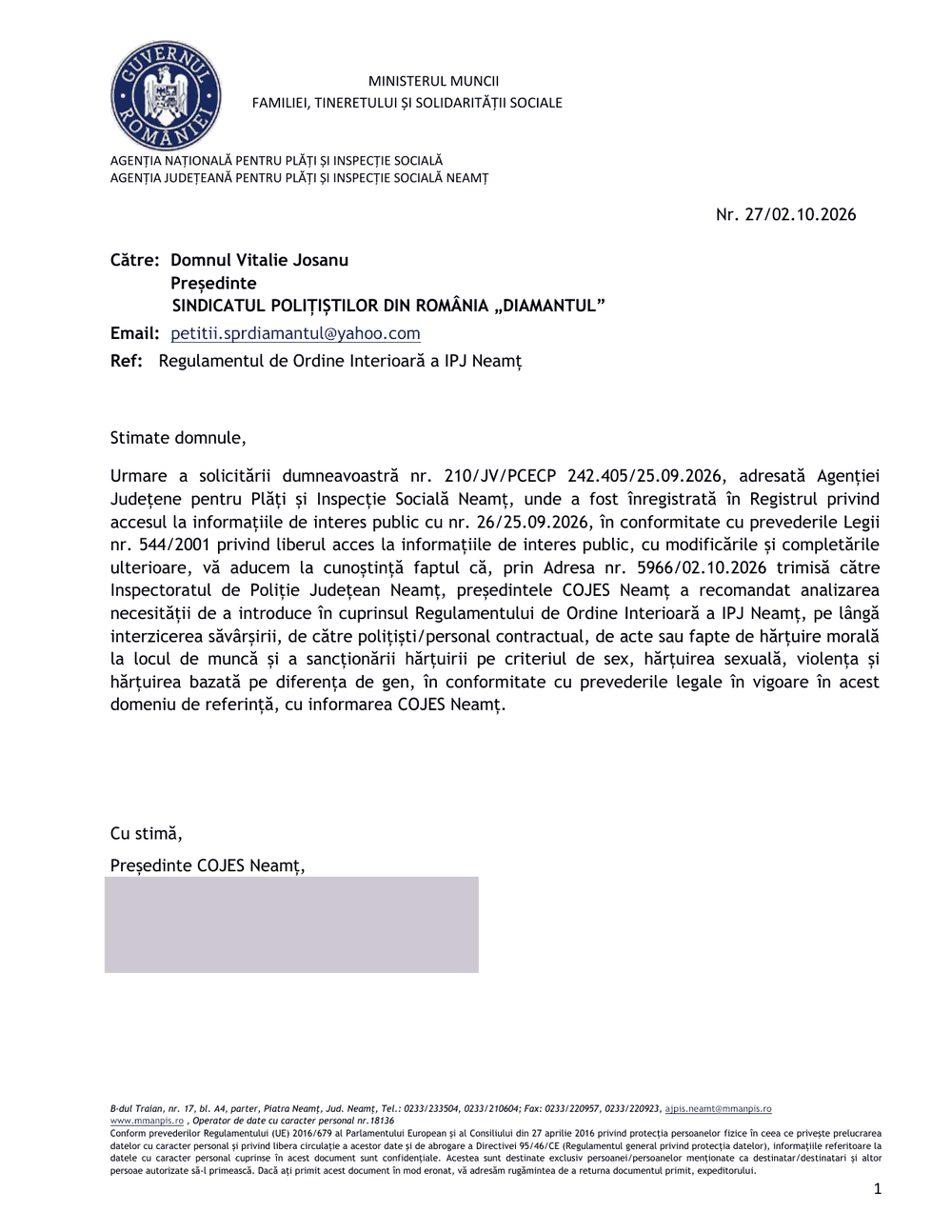 Adresa AJPIS Neamț nr. 27 din 2 octombrie 2026: recomandarea președintelui COJES Neamț către IPJ Neamț, pagina 1 din 2, semnătura mascată