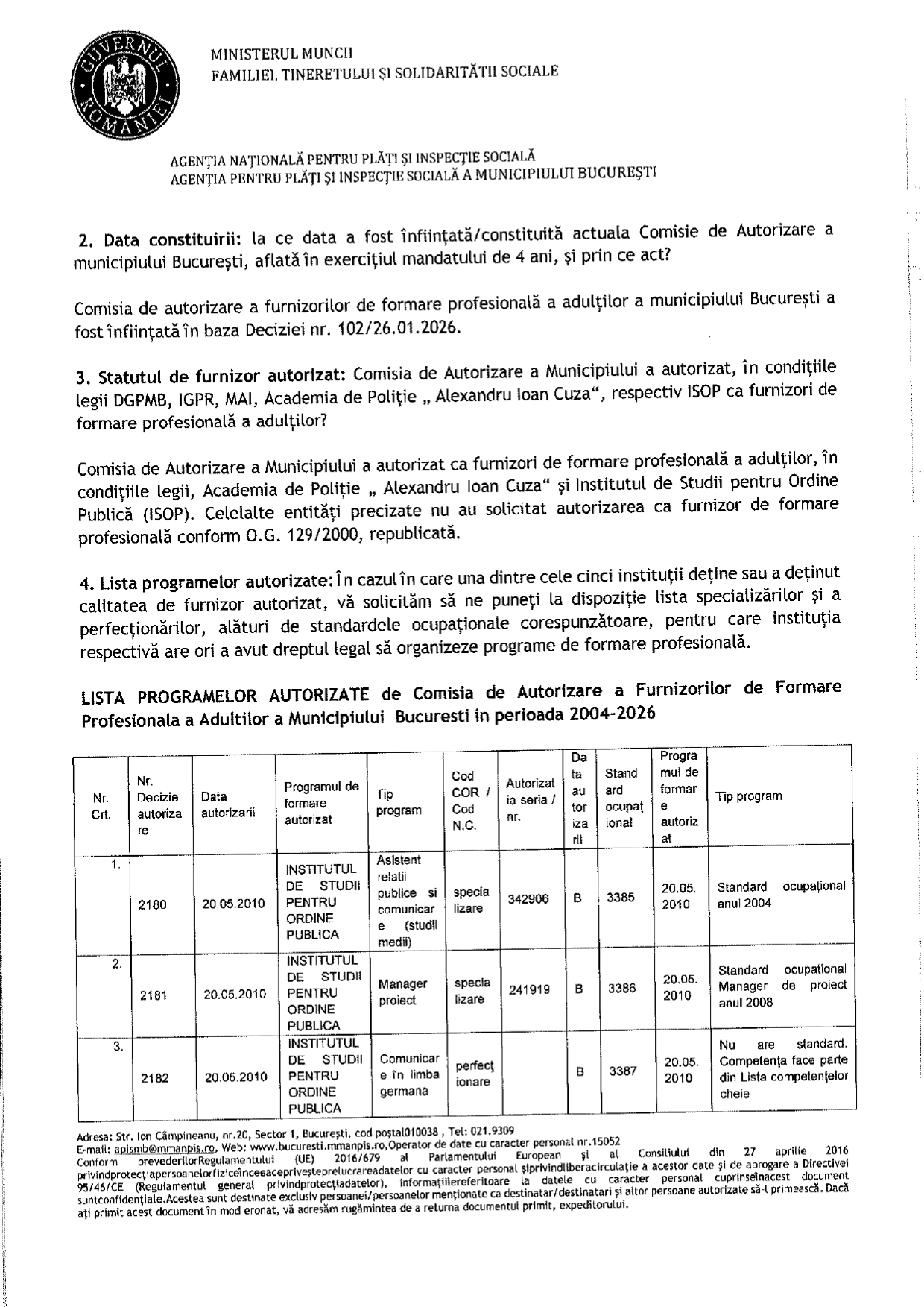 Adresa Agenției pentru Plăți și Inspecție Socială a Municipiului București nr. 14 din 31 iulie 2026, pagina 2 din 6: MAI, IGPR și DGPMB nu au solicitat autorizarea ca furnizori de formare profesională