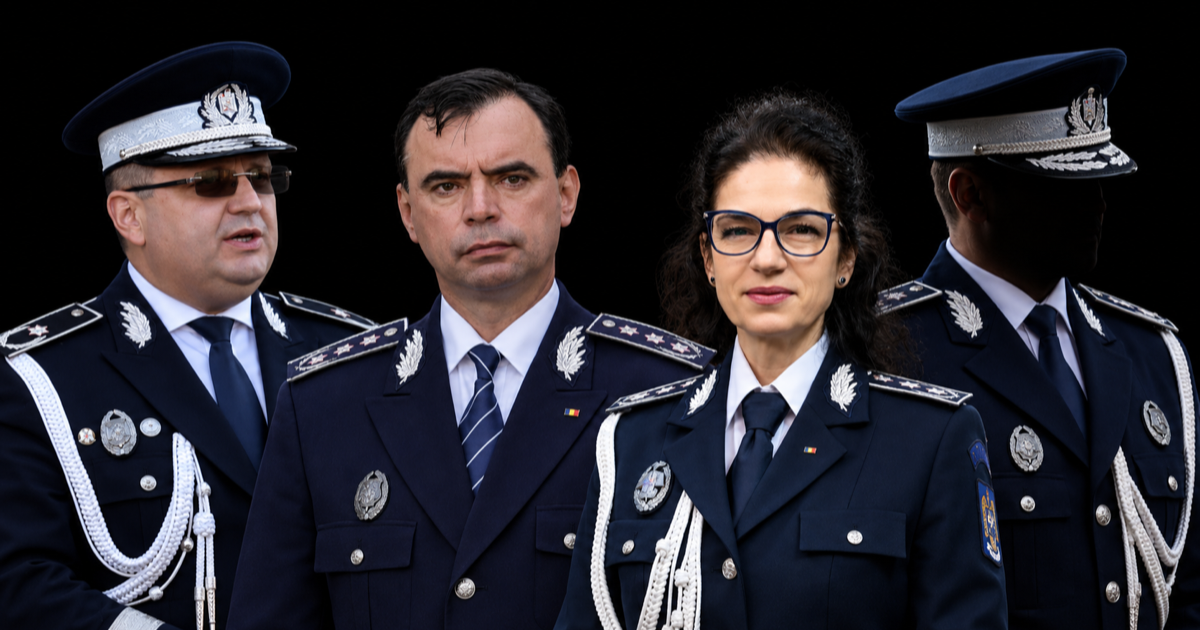 Patru șefi din Ministerul Afacerilor Interne în uniforme de ceremonie (ilustrație generată cu inteligență artificială)