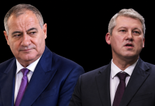 Guvern interimar și MAI: cine vine la Interne Ilustrație generată cu inteligență artificială: doi politicieni în costum, pe fond negru