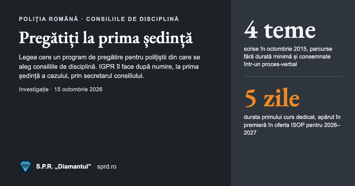 Coperta: Pregătiți la prima ședință. Patru teme din 2015 și primul curs dedicat, de cinci zile, abia în 2026–2027