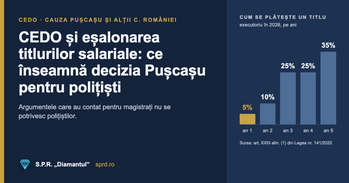 CEDO și eșalonarea titlurilor salariale: ce înseamnă decizia Pușcașu pentru polițiști; tranșele de plată 5%, 10%, 25%, 25%, 35% din Legea nr. 141/2025