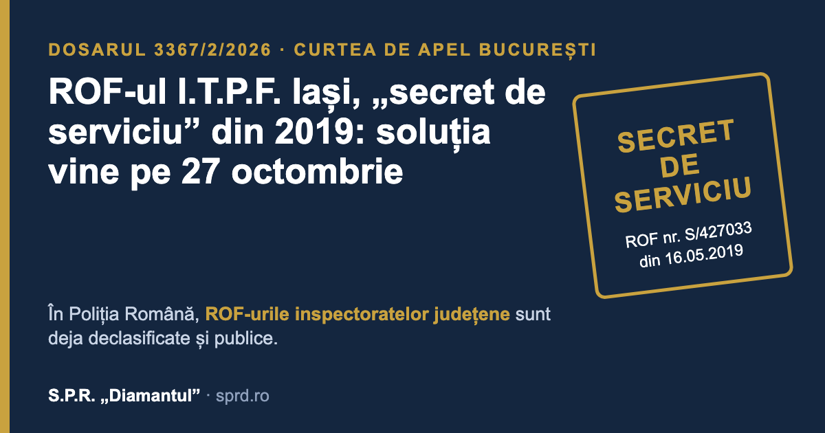 Regulamentul ITPF Iași, secret de serviciu din 2019: Curtea de Apel București dă soluția pe 27 octombrie