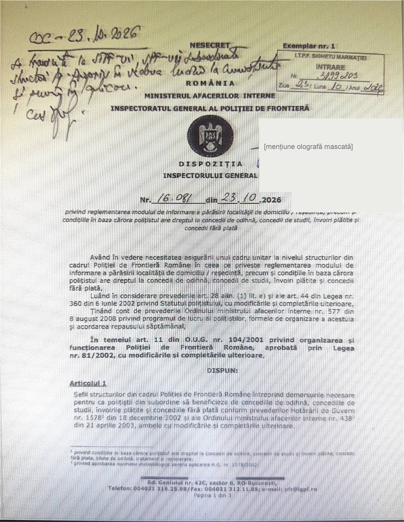 Dispoziția inspectorului general al I.G.P.F. nr. 16081 din 23.10.2026, pagina 1
