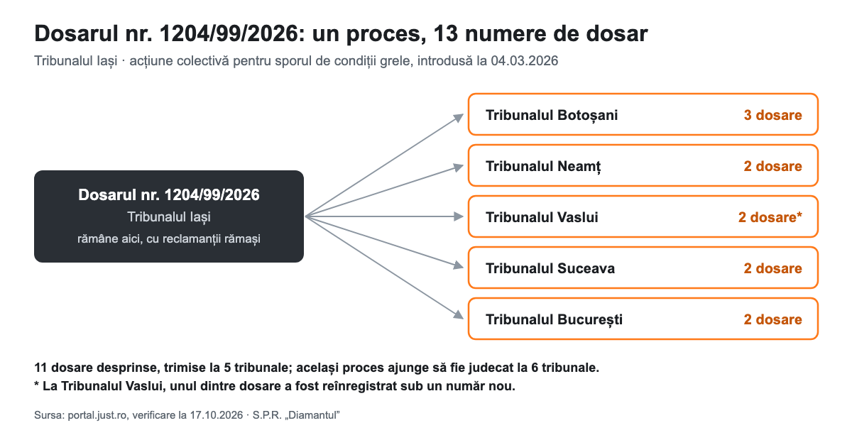 Dosarul nr. 1204/99/2026 al Tribunalului Iași: 11 dosare desprinse, trimise la cinci tribunale