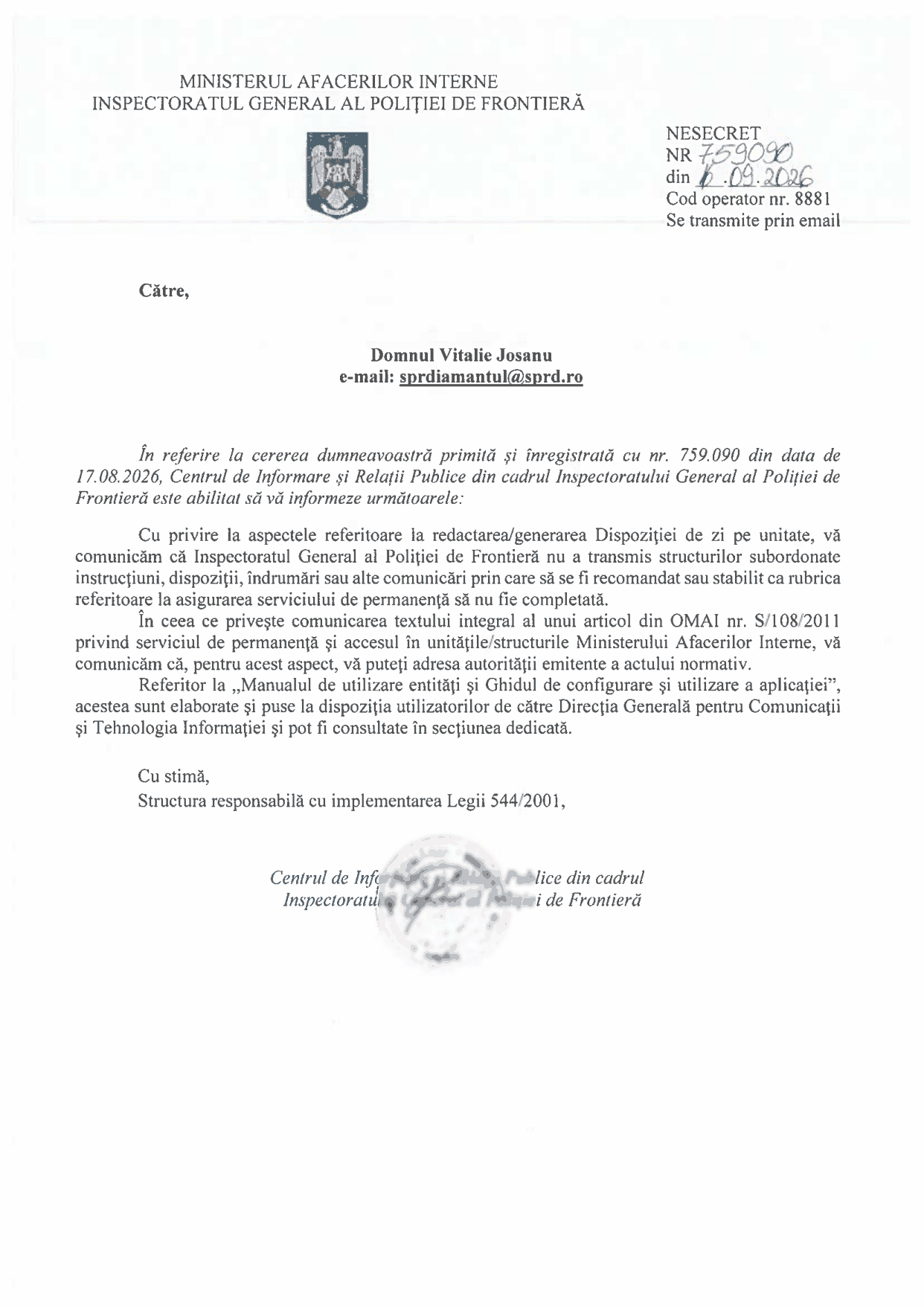 Răspunsul IGPF nr. 759.090 din septembrie 2026