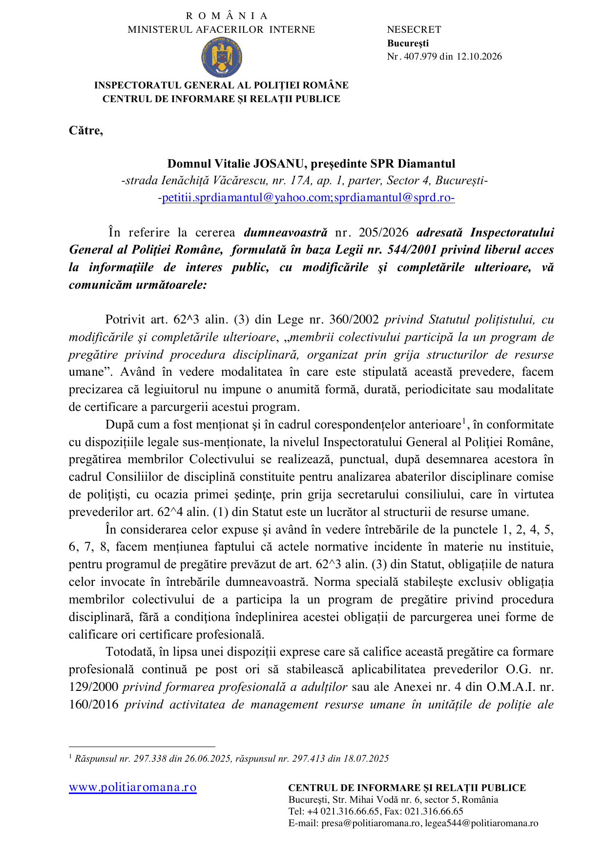 Adresa IGPR nr. 407.979 din 12 octombrie 2026, răspunsul la cererea S.P.R. „Diamantul” nr. 205/JV, pagina 1 din 2