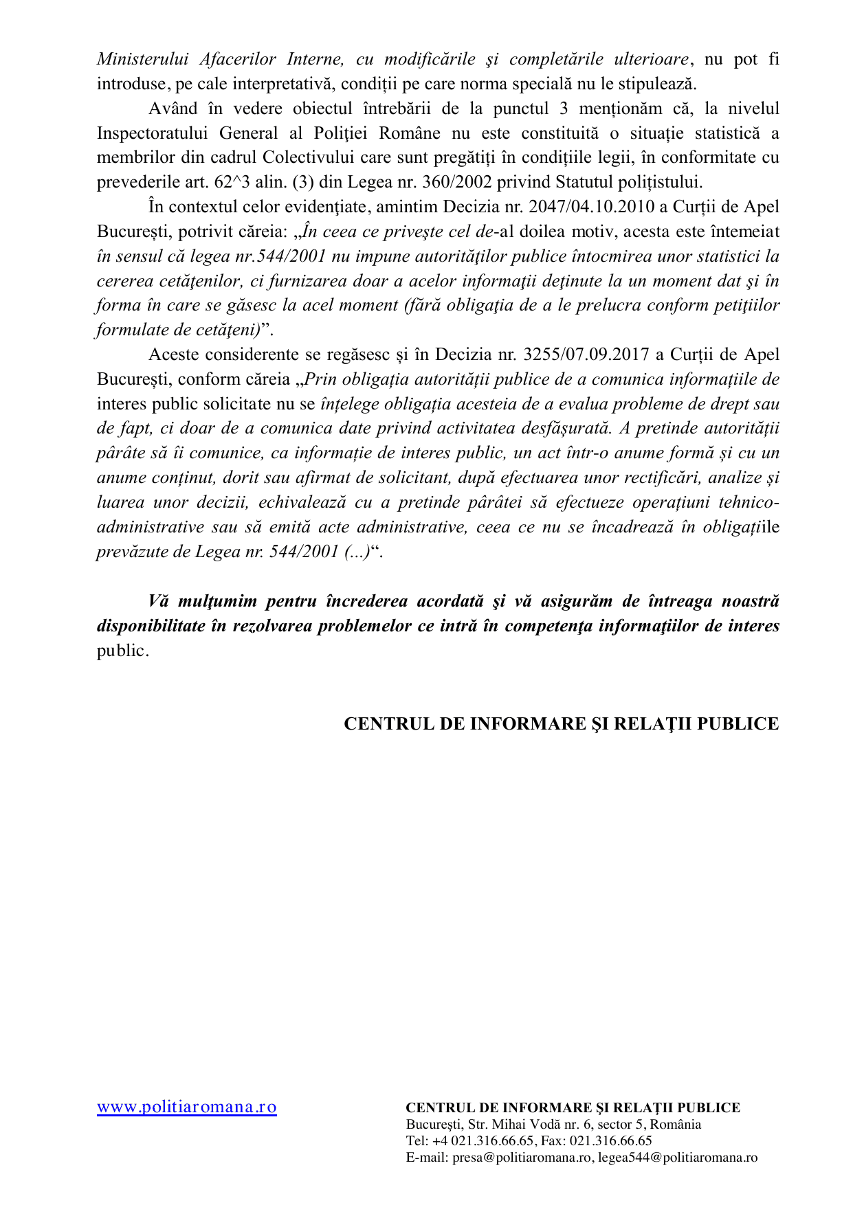Adresa IGPR nr. 407.979 din 12 octombrie 2026, răspunsul la cererea S.P.R. „Diamantul” nr. 205/JV, pagina 2 din 2