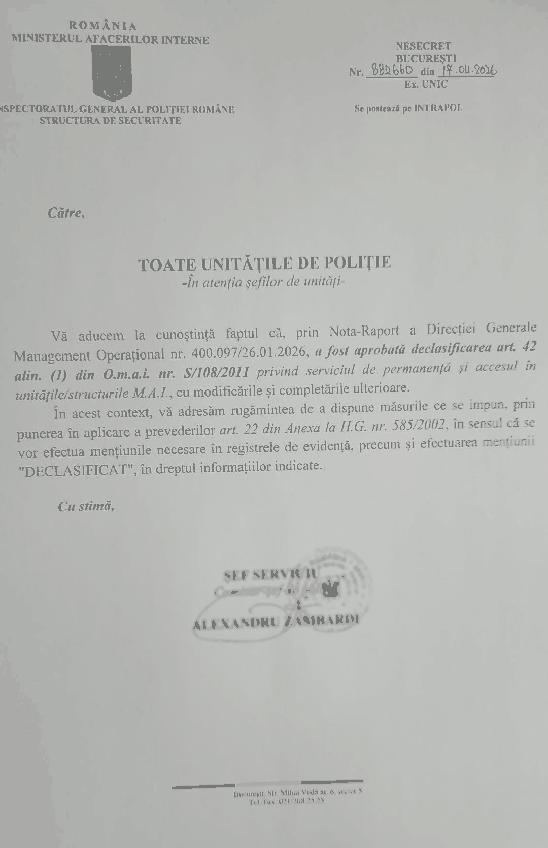 Adresa IGPR – Structura de Securitate nr. 882660 din 17 aprilie 2026 privind declasificarea art. 42 alin. (1) din O.m.a.i. nr. S/108/2011