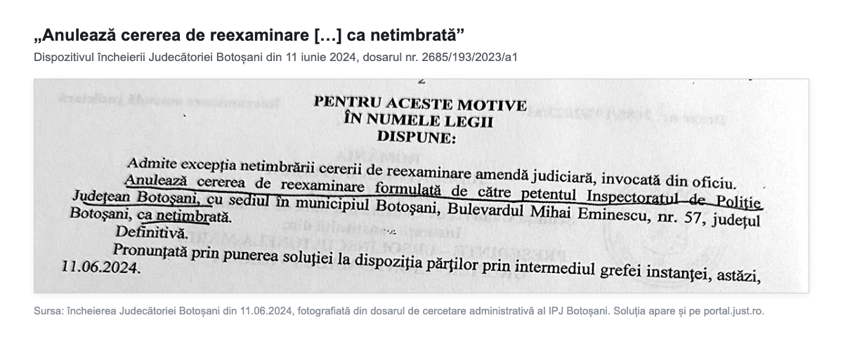 Dispozitivul încheierii Judecătoriei Botoșani din 11 iunie 2024, dosarul nr. 2685/193/2023/a1