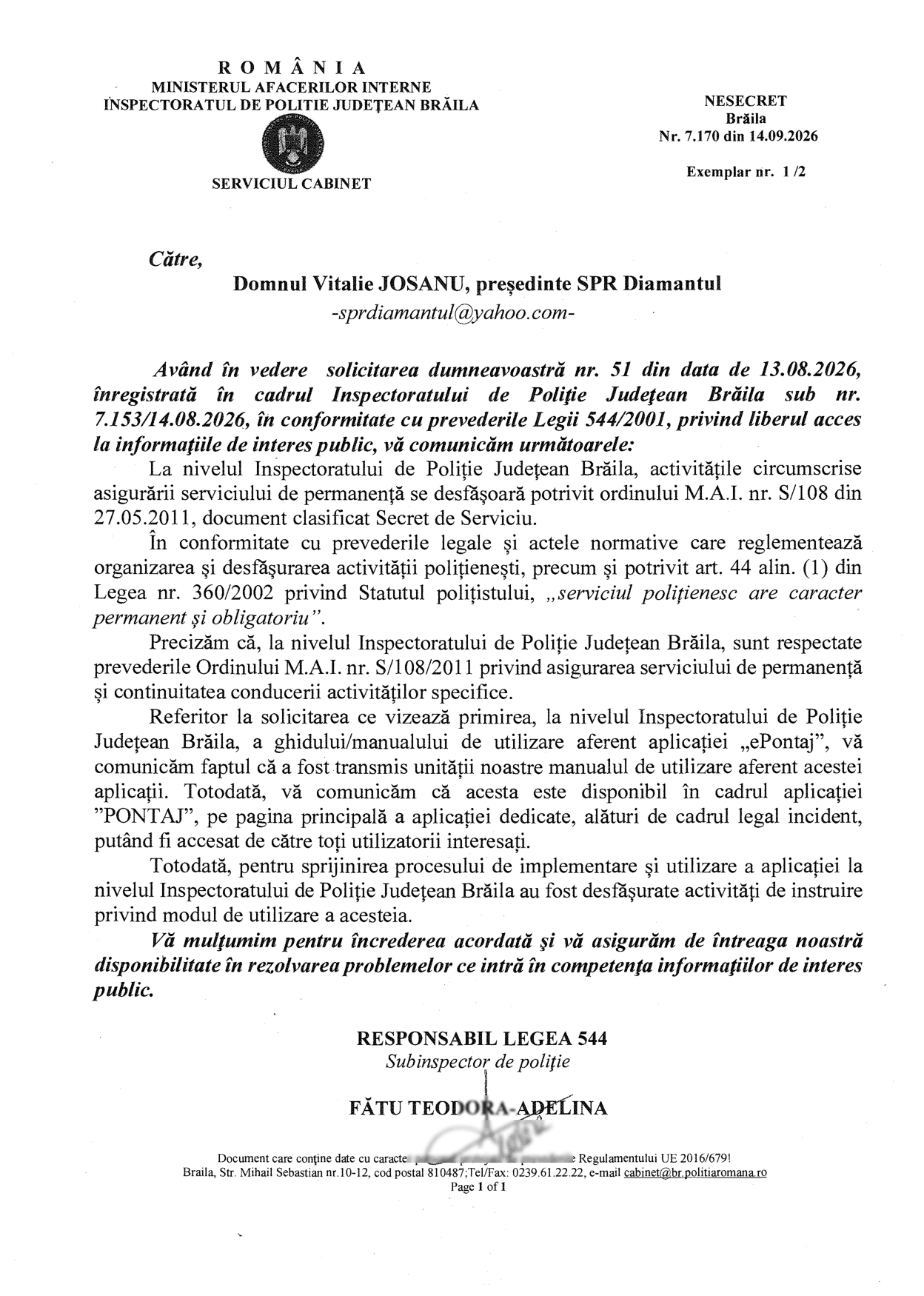 Răspunsul IPJ Brăila nr. 7.170 din 14 septembrie 2026