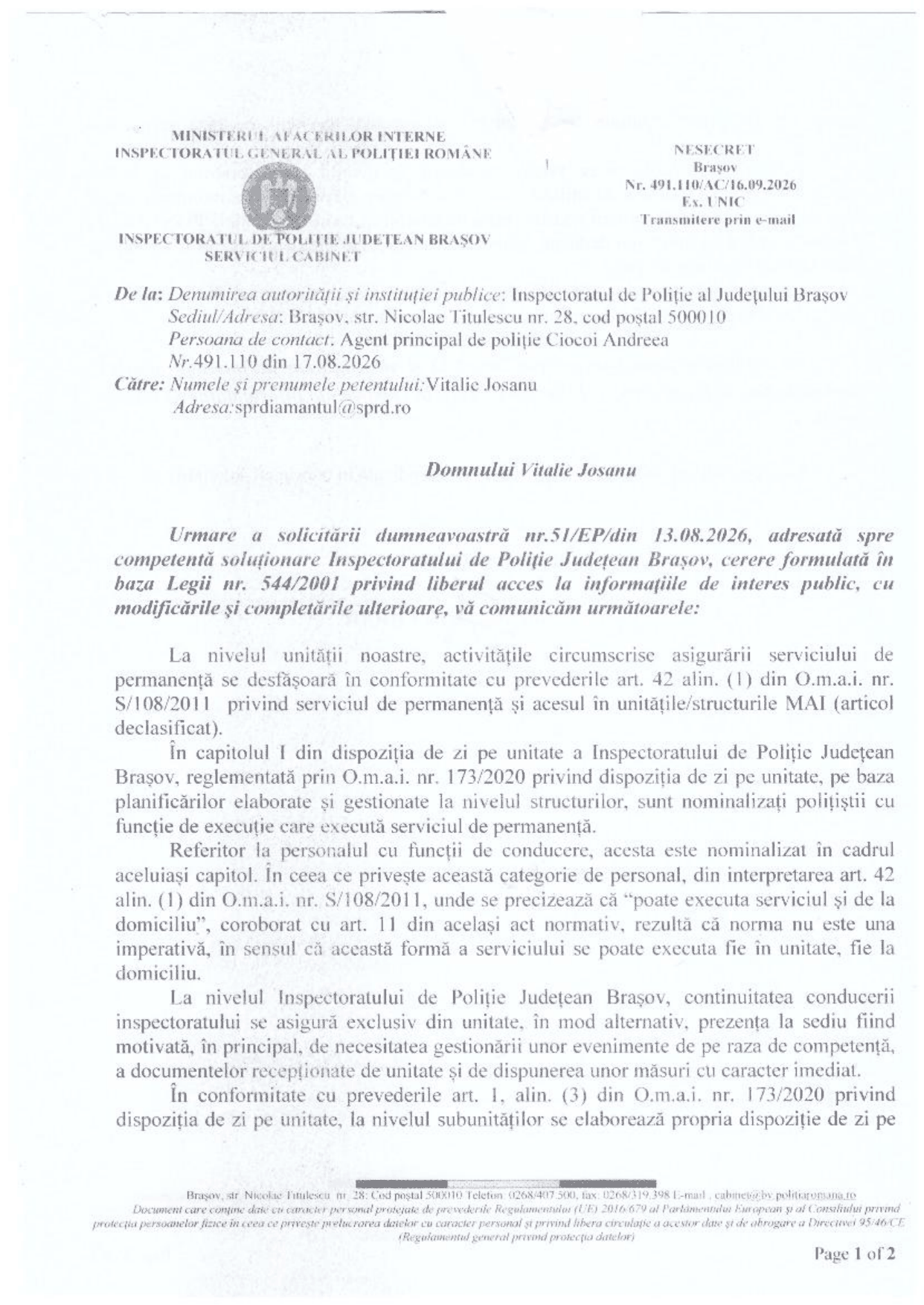 Răspunsul IPJ Brașov nr. 491.110/AC din 16 septembrie 2026, pagina 1 din 2