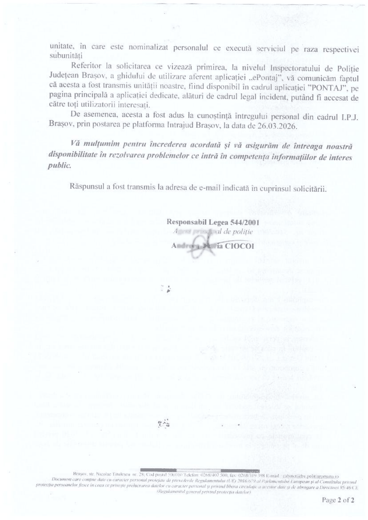 Răspunsul IPJ Brașov nr. 491.110/AC din 16 septembrie 2026, pagina 2 din 2