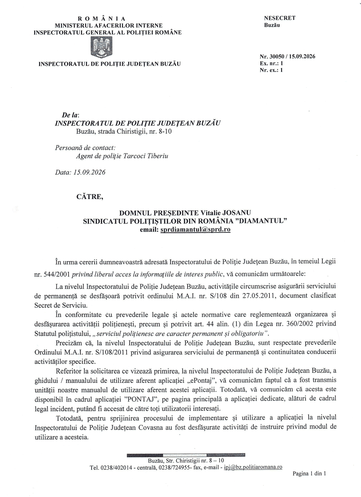 Răspunsul IPJ Buzău nr. 30050 din 15 septembrie 2026, pagina 1 din 2