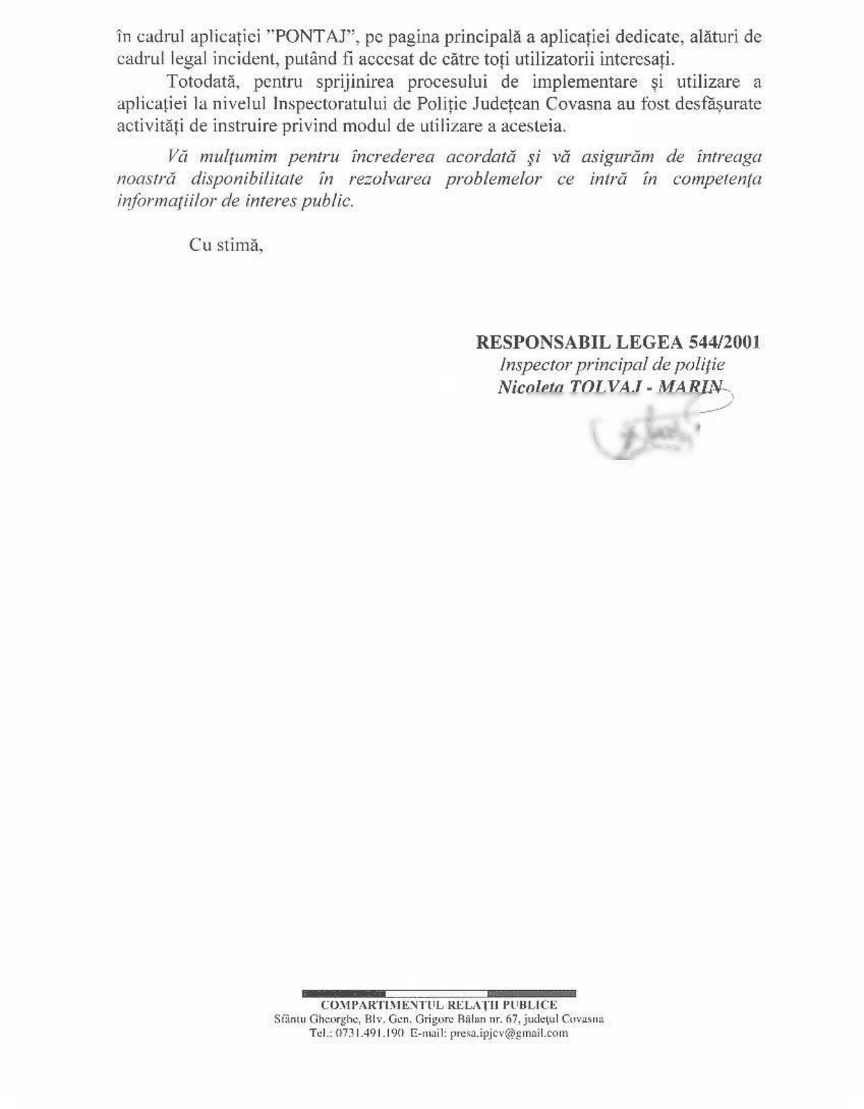 Răspunsul IPJ Covasna din 15 septembrie 2026, pagina 2 din 2