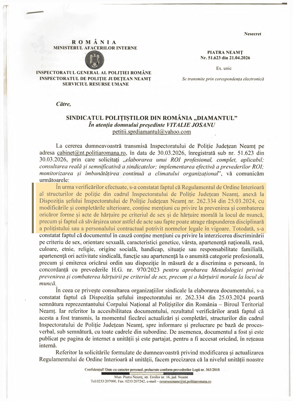 Adresa IPJ Neamț nr. 51.623 din 21 aprilie 2026, pagina 1 din 2, cu pasajul despre hărțuirea pe criteriul de sex evidențiat de S.P.R. „Diamantul”