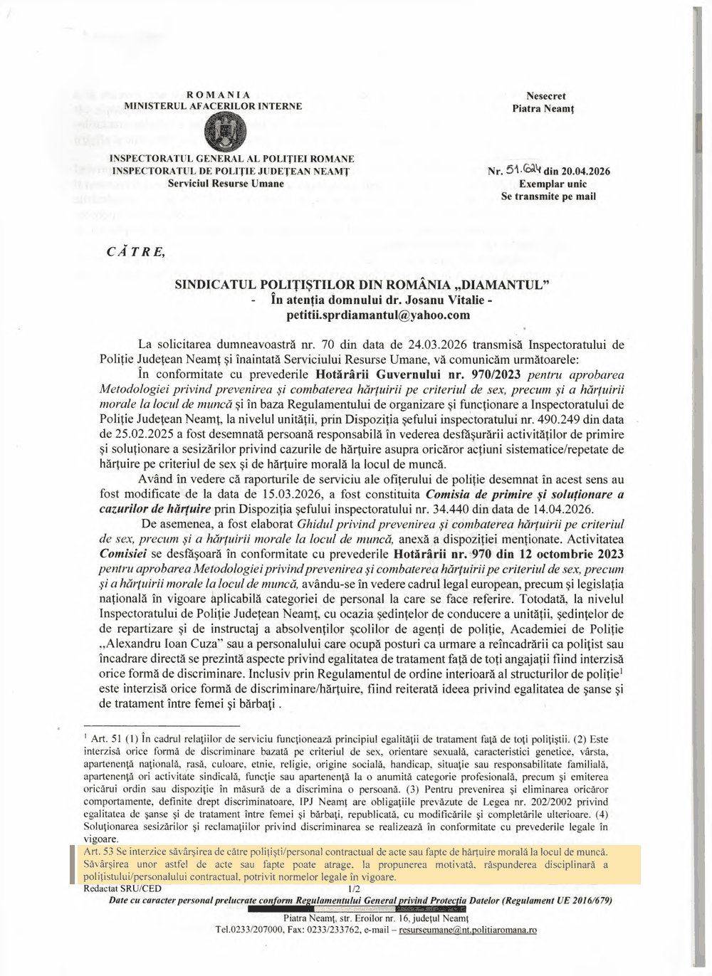 Adresa IPJ Neamț nr. 51.624 din 20 aprilie 2026, pagina 1 din 2, cu art. 53 din regulament evidențiat de S.P.R. „Diamantul”