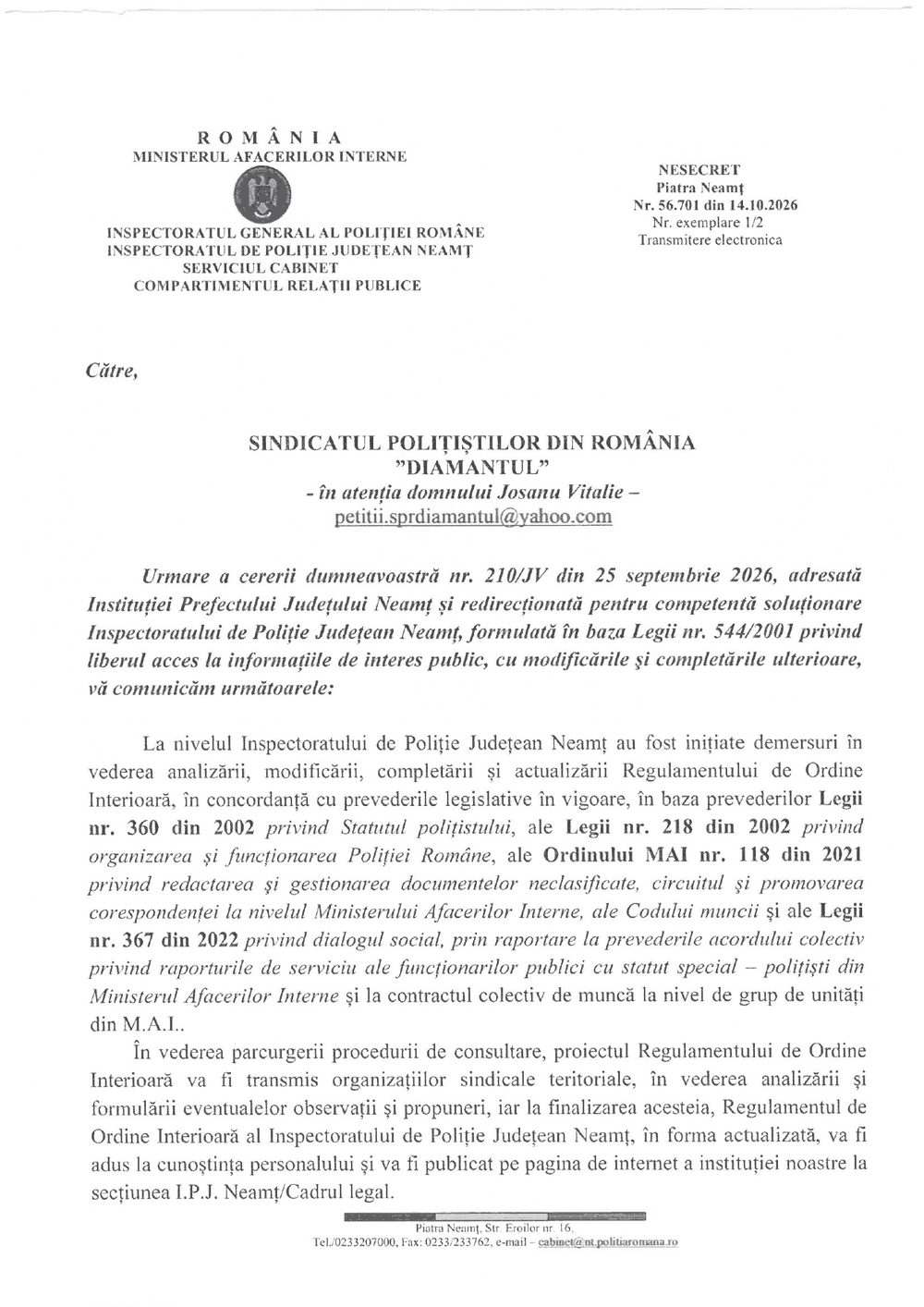 Adresa IPJ Neamț nr. 56.701 din 14 octombrie 2026, răspunsul la petiția 210/JV, pagina 1 din 2