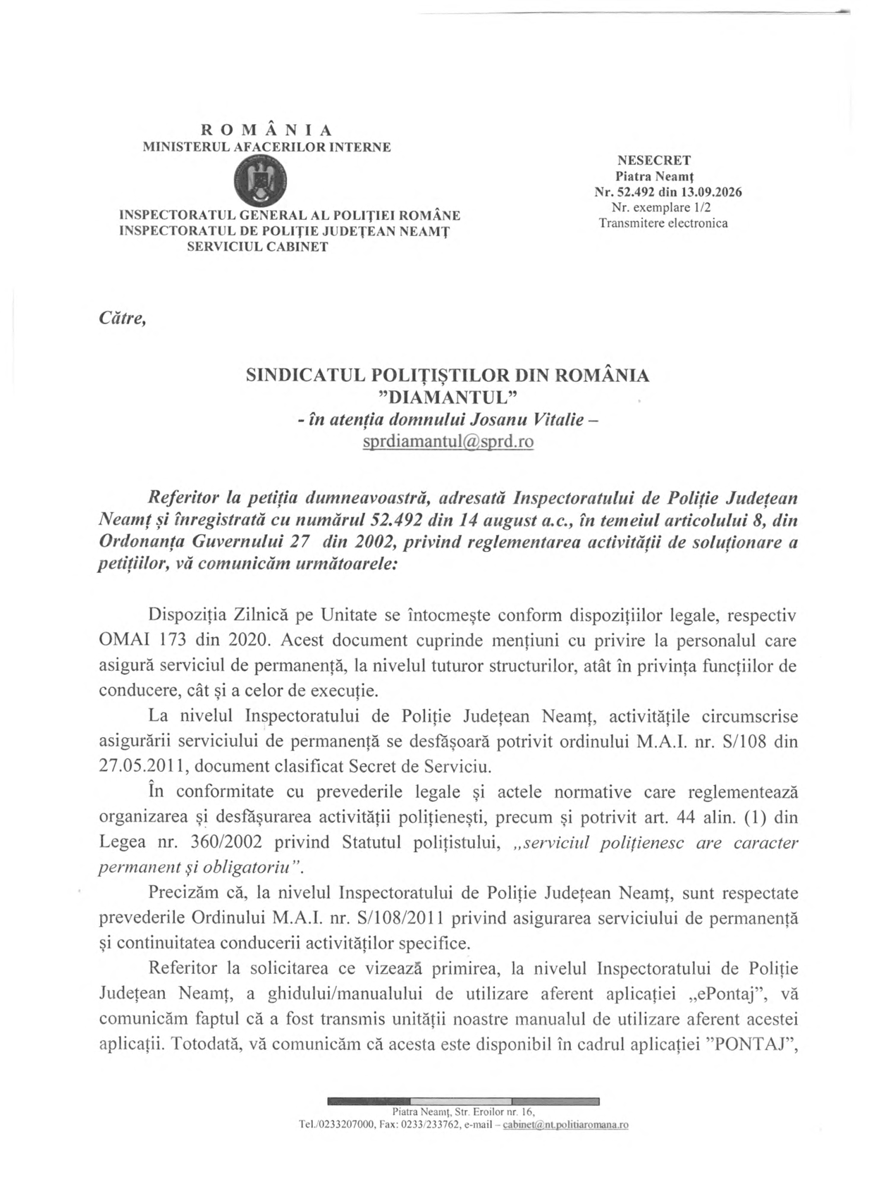 Răspunsul IPJ Neamț nr. 52.492 din 13 septembrie 2026, pagina 1 din 2