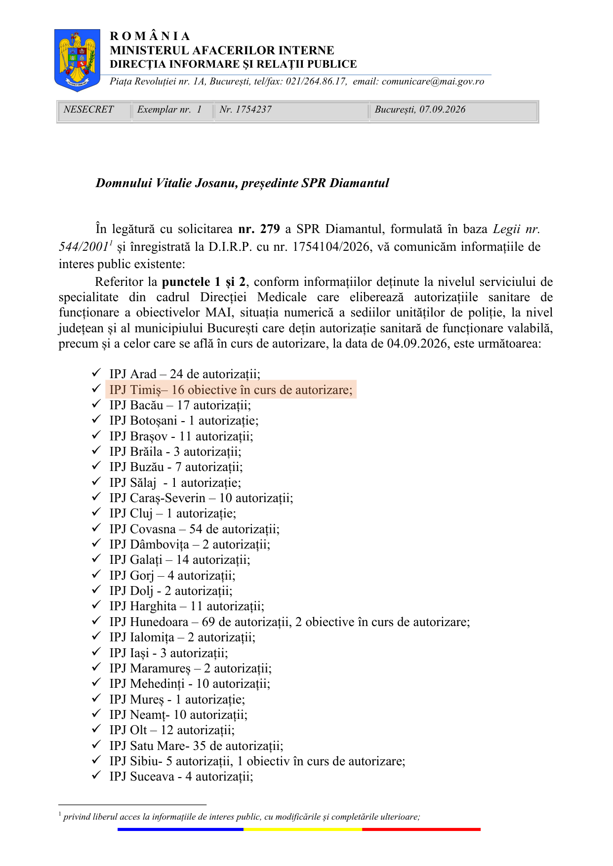 Adresa MAI nr. 1754237 din 7 septembrie 2026, pagina 1: situația autorizațiilor sanitare de funcționare pe inspectorate, la 4 septembrie 2026