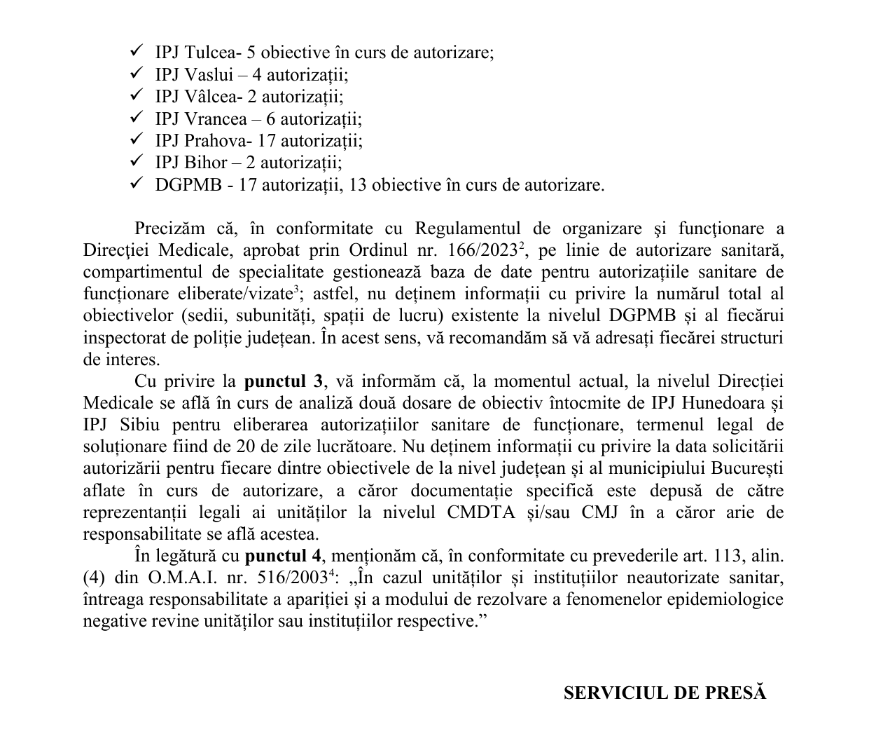 Adresa MAI nr. 1754237 din 7 septembrie 2026, pagina 2: precizările Direcției Medicale și art. 113 alin. (4) din OMAI nr. 516/2003