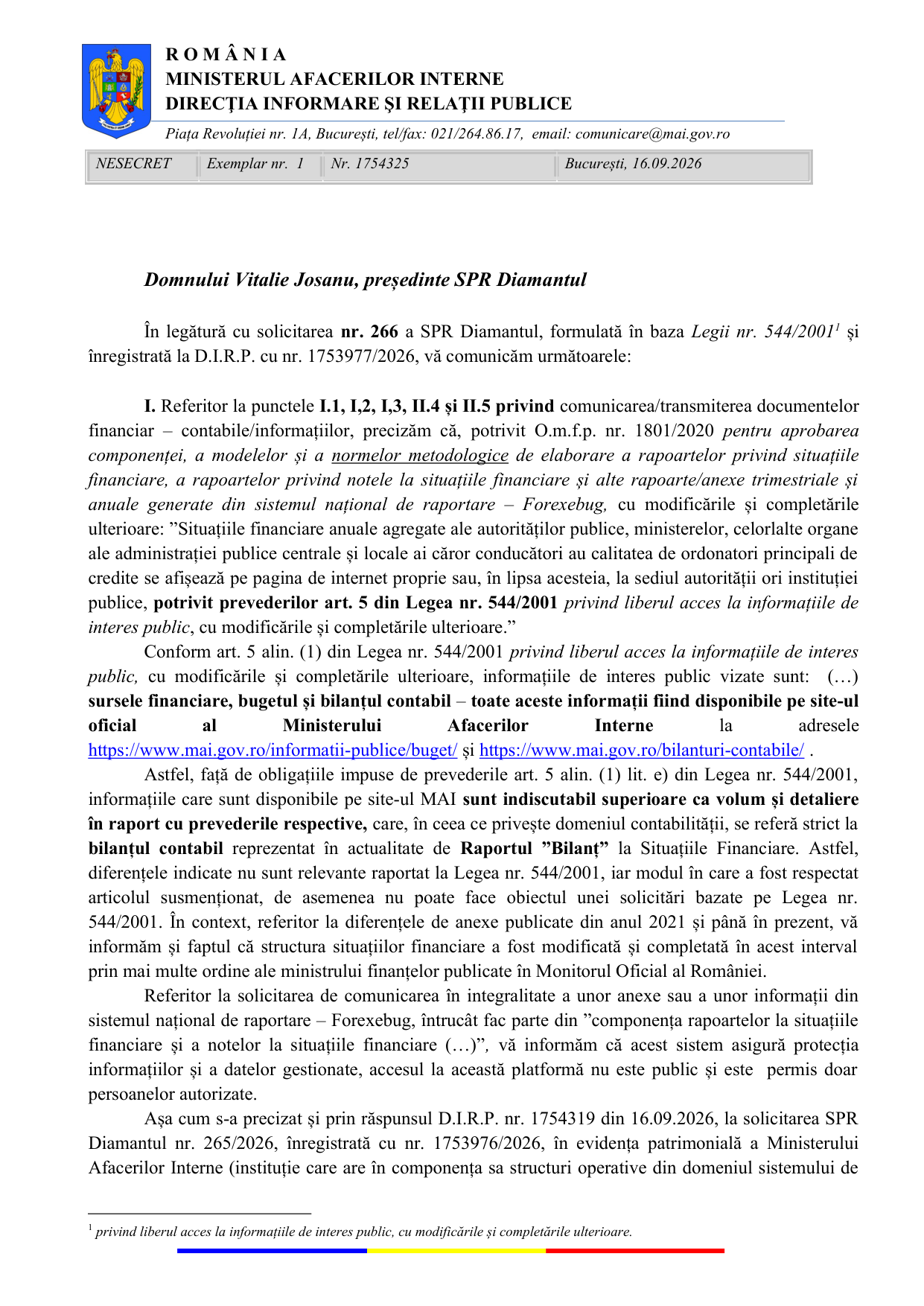 Adresa MAI – DIRP nr. 1754325 din 16 septembrie 2026, pagina 1 din 3
