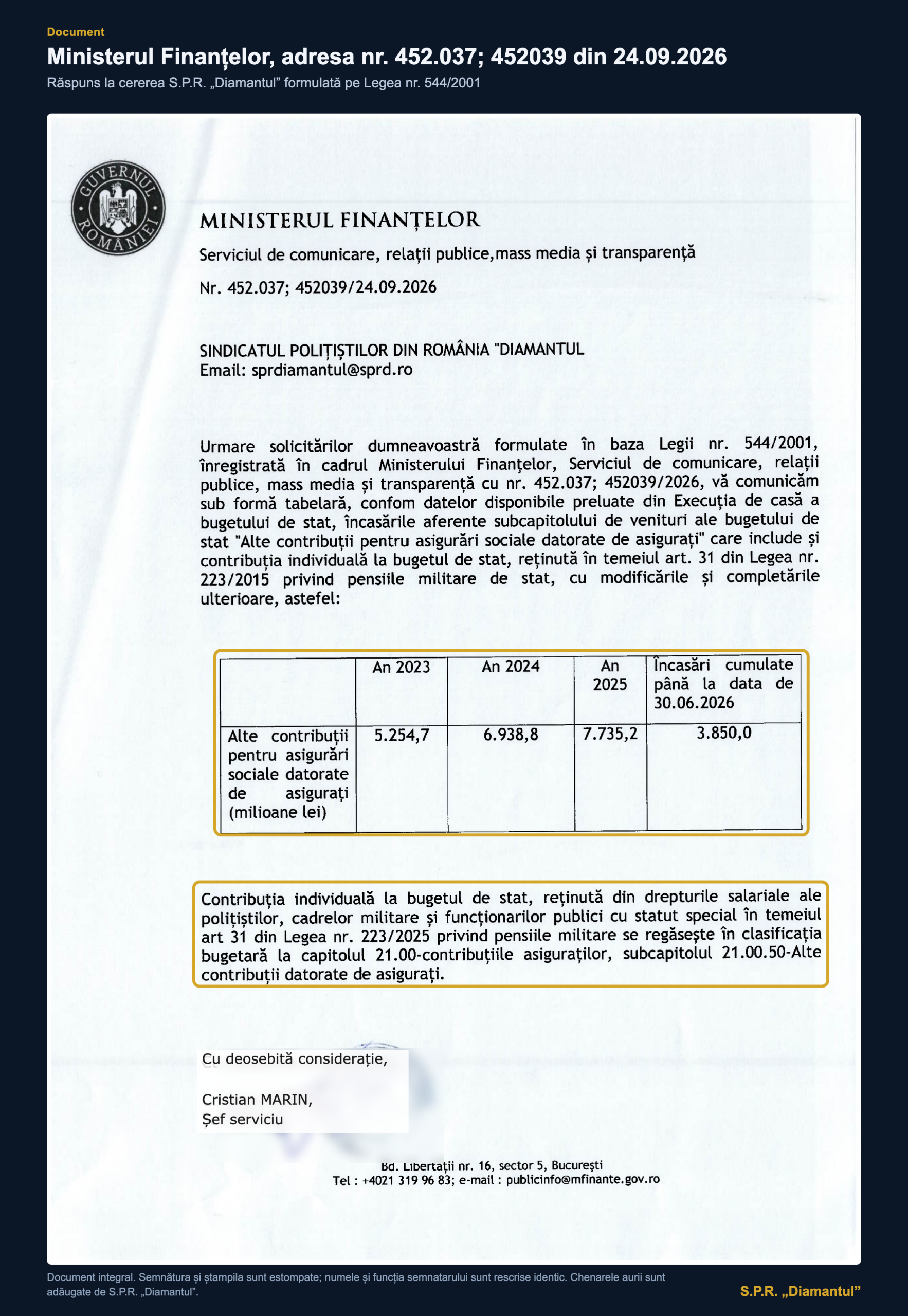 Ministerul Finanțelor, adresa nr. 452.037; 452039 din 24.09.2026