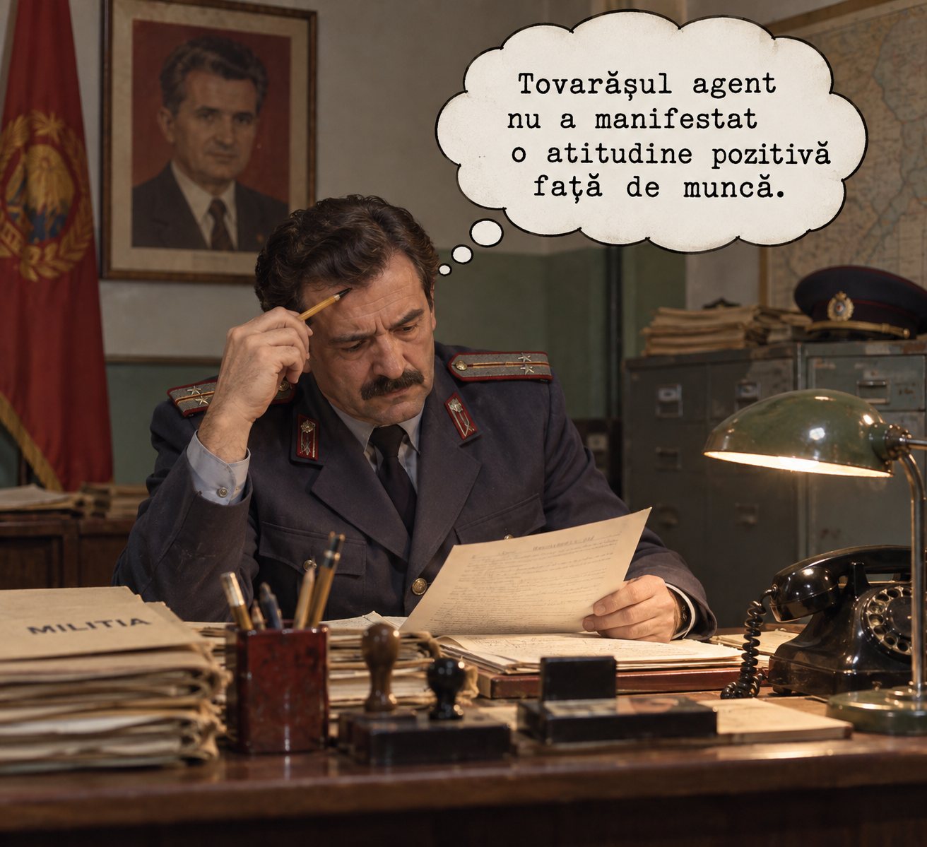 Ofițer de Miliție într-un birou din anii ’80, citind o fișă și gândind: „Tovarășul agent nu a manifestat o atitudine pozitivă față de muncă”