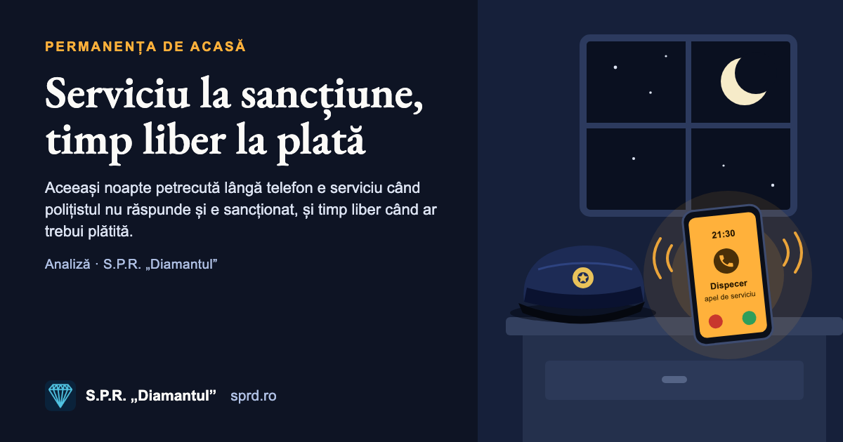 Coperta articolului „Permanența de acasă: serviciu la sancțiune, timp liber la plată”: noaptea, telefonul care sună lângă chipiul de polițist