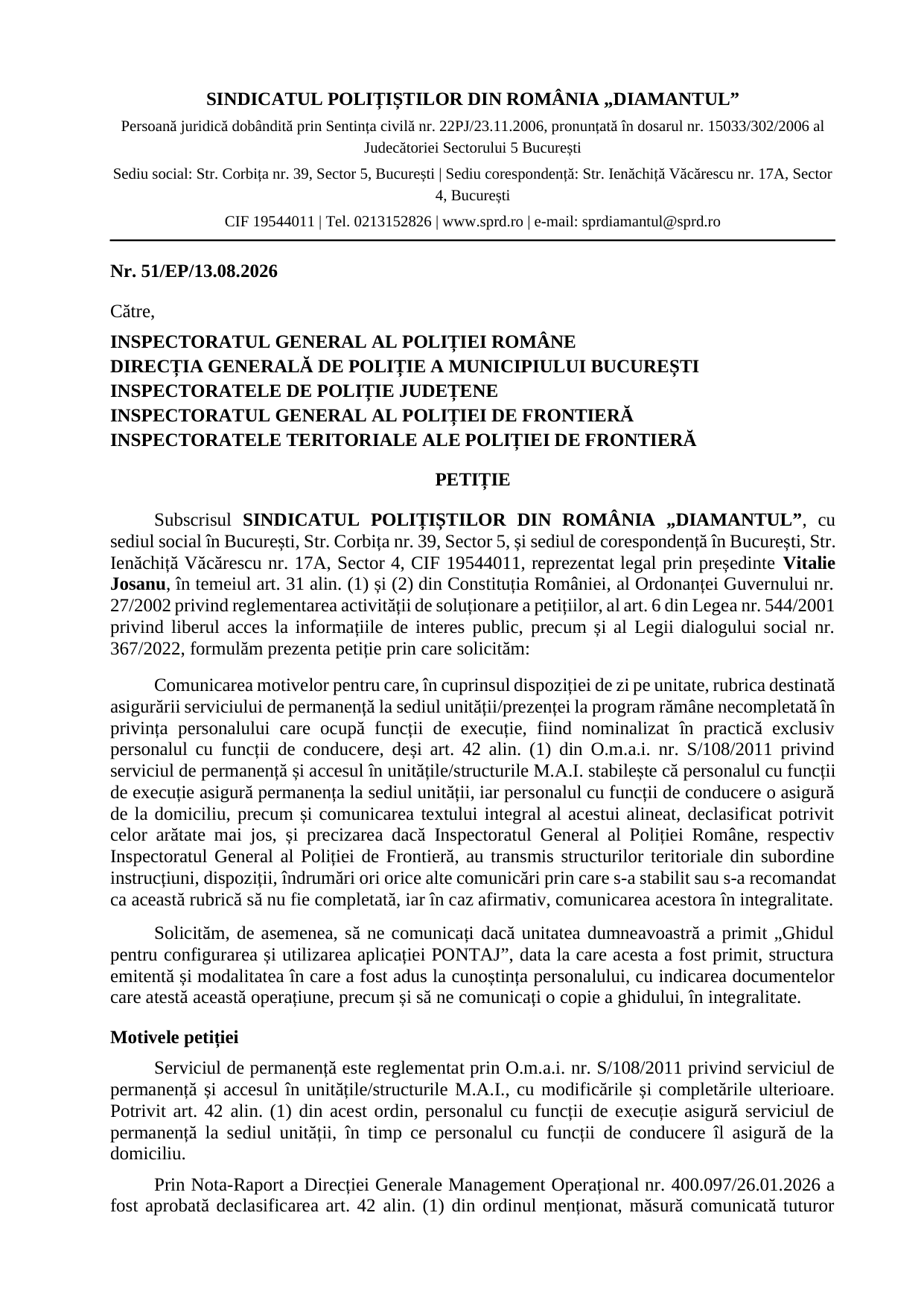 Petiția S.P.R. „Diamantul” nr. 51/EP din 13 august 2026, pagina 1 din 2