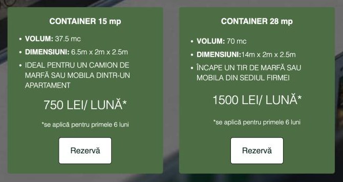Prețurile containerelor de depozitare de 15 m² (750 lei/lună) și 28 m² (1.500 lei/lună) afișate pe depozit-rapid.ro