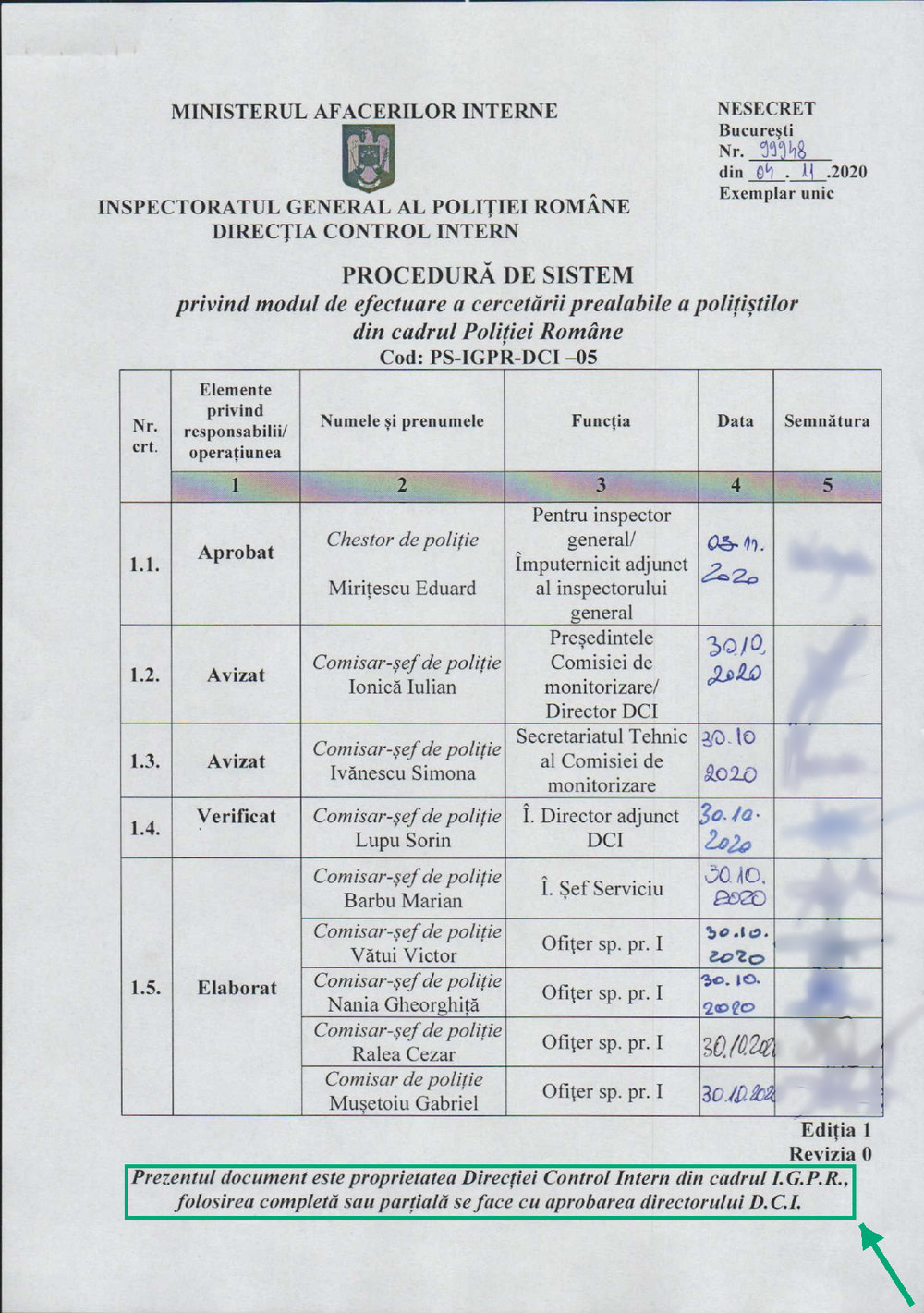 Prima pagină a procedurii PS-IGPR-DCI-05 nr. 99948 din 4 noiembrie 2020, cu mențiunea că documentul este proprietatea Direcției Control Intern