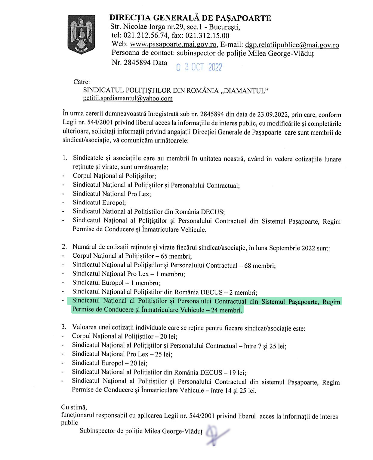 Adresa Direcției Generale de Pașapoarte nr. 2845894 din 3 octombrie 2022: sindicatul de pașapoarte și permise avea 24 de membri cu cotizația reținută în septembrie 2022
