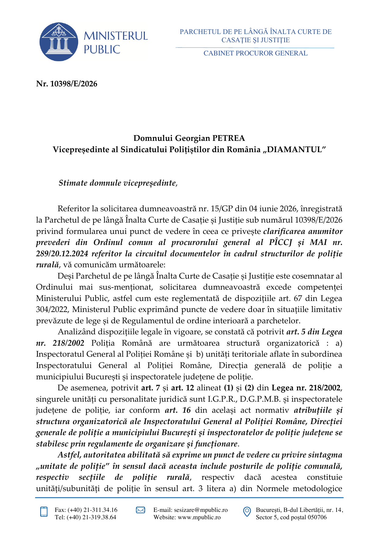Răspunsul Parchetului de pe lângă Înalta Curte de Casație și Justiție nr. 10398/E/2026, pagina 1