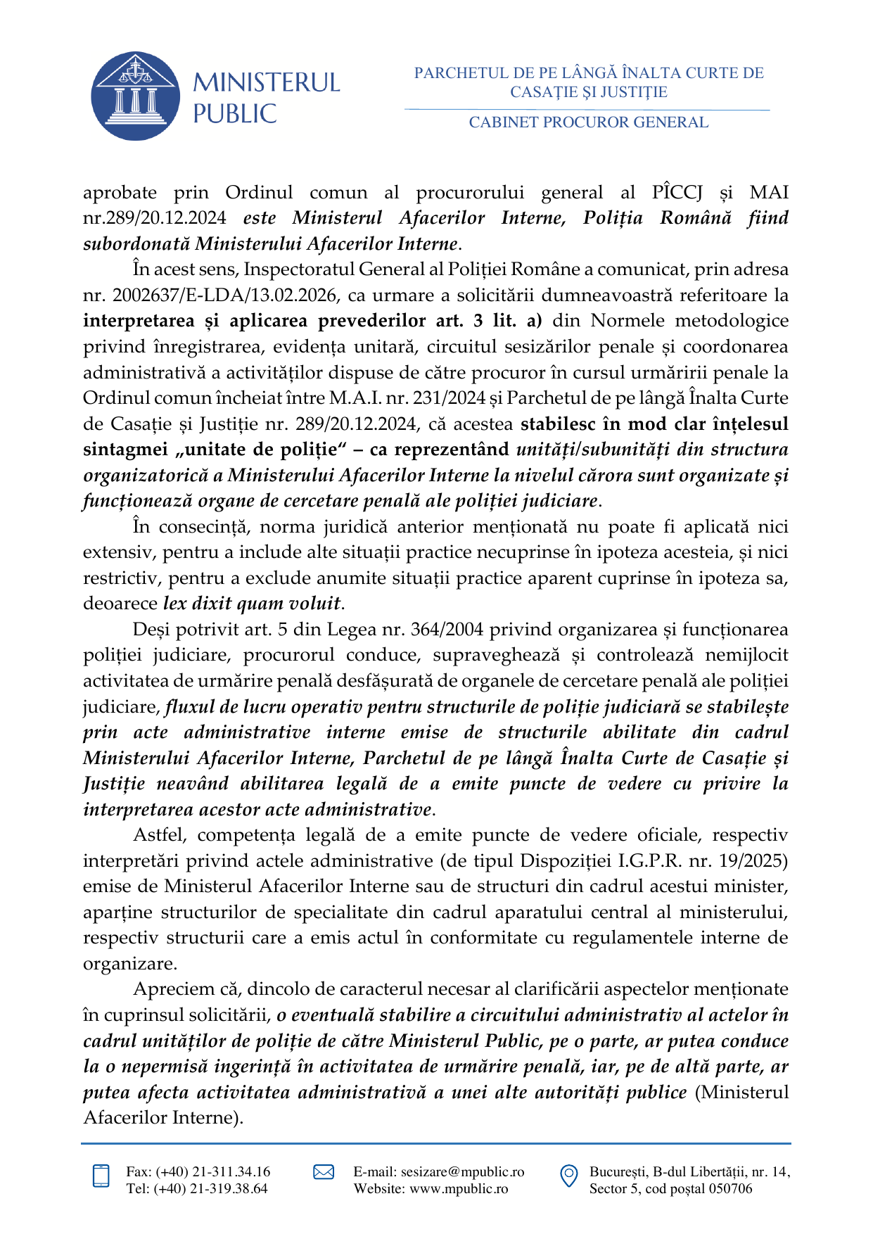 Răspunsul Parchetului de pe lângă Înalta Curte de Casație și Justiție nr. 10398/E/2026, pagina 2