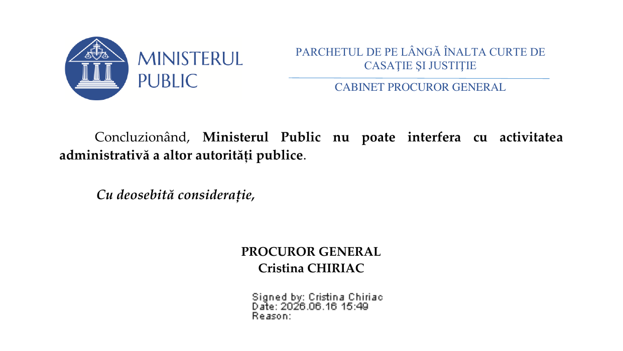 Răspunsul Parchetului de pe lângă Înalta Curte de Casație și Justiție nr. 10398/E/2026, pagina 3, cu semnătura electronică a procurorului general