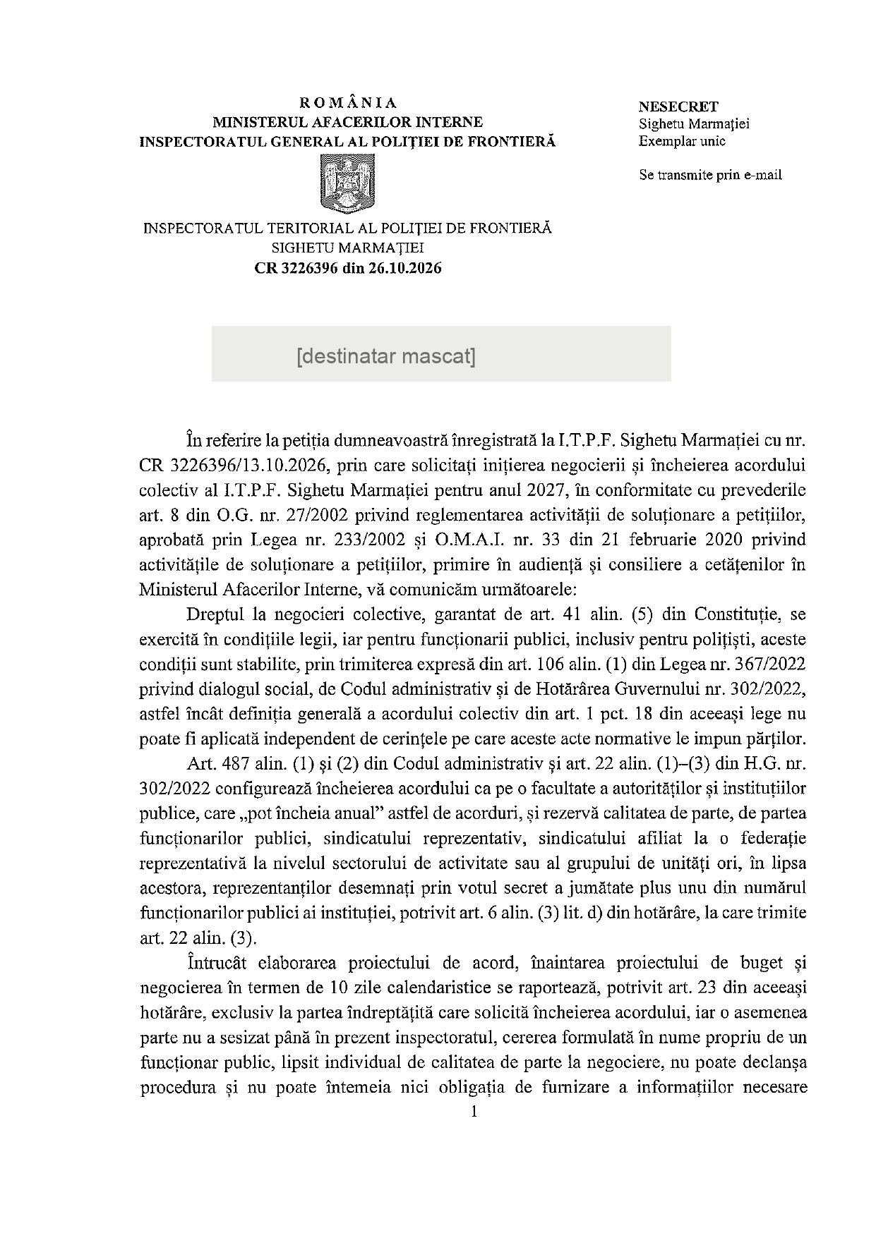 Răspunsul ITPF Sighetu Marmației nr. CR 3226396 din 26.10.2026, pagina 1