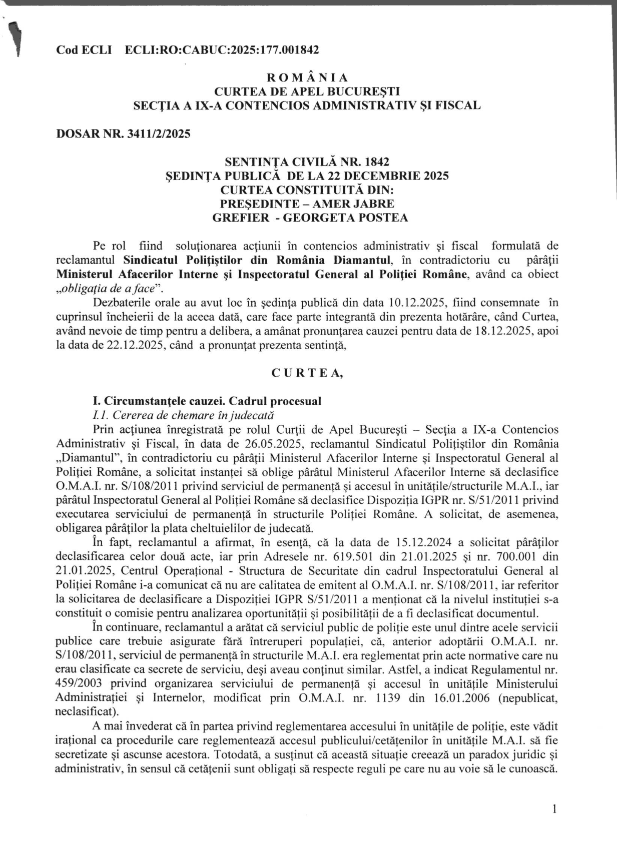 Sentința civilă nr. 1842 din 22 decembrie 2025 a Curții de Apel București, dosarul nr. 3411/2/2025, prima pagină